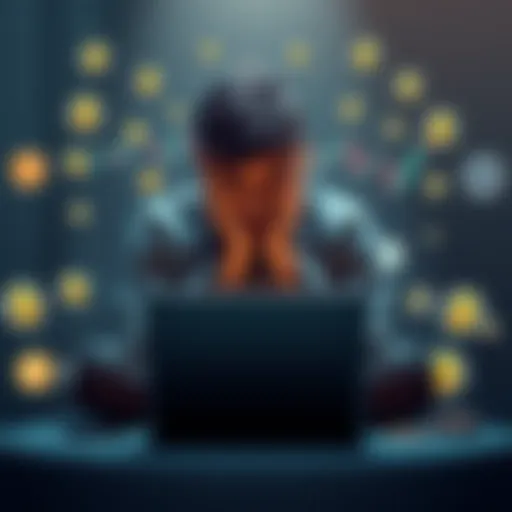 A person sitting with their head in hands, surrounded by cryptocurrency symbols and a laptop displaying plummeting market charts, showing despair over financial losses.
