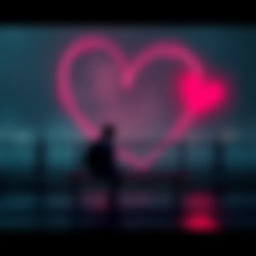 A person sitting alone on a bench, looking sad with a heart symbol fading away in the background.