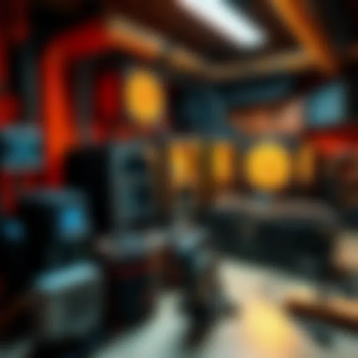 A setup showing equipment used for mining Bitcoin with heat, including heat exchangers and mining rigs, in a cozy workshop environment.