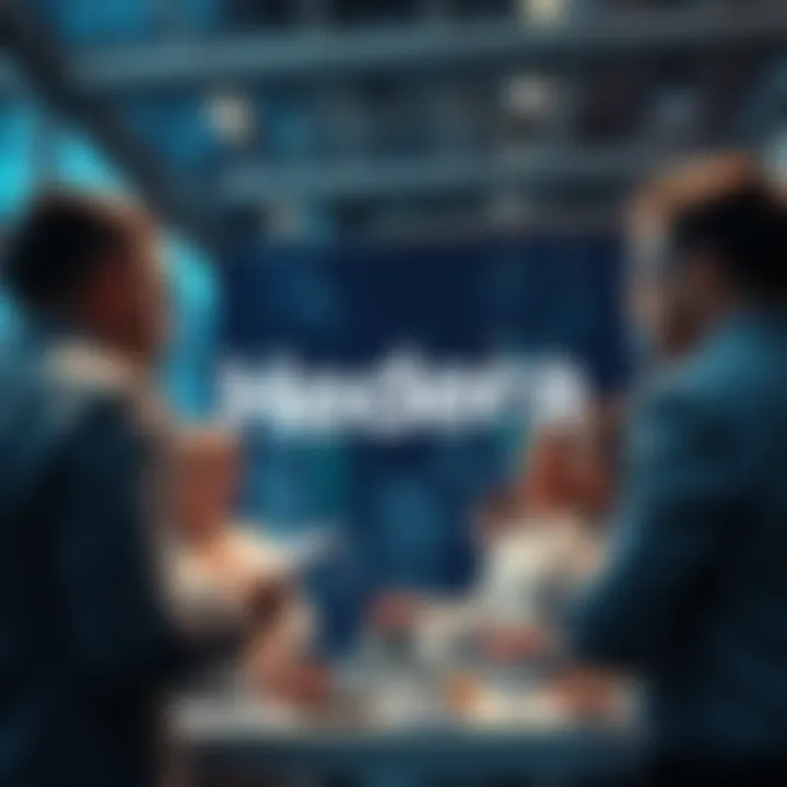 A group of professionals discussing strategies for enterprise solutions with Hedera's logo in the background.