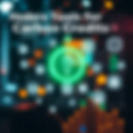 Visual representation of Hedera's Guardian and TrackTrace tools used for tracking carbon credits and supply chain compliance with icons of transparency and trust.
