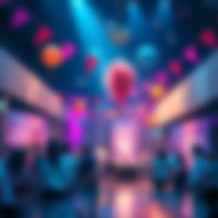A vibrant celebration scene with people enjoying Hedera's anniversary, featuring decorations and banners related to blockchain innovation.