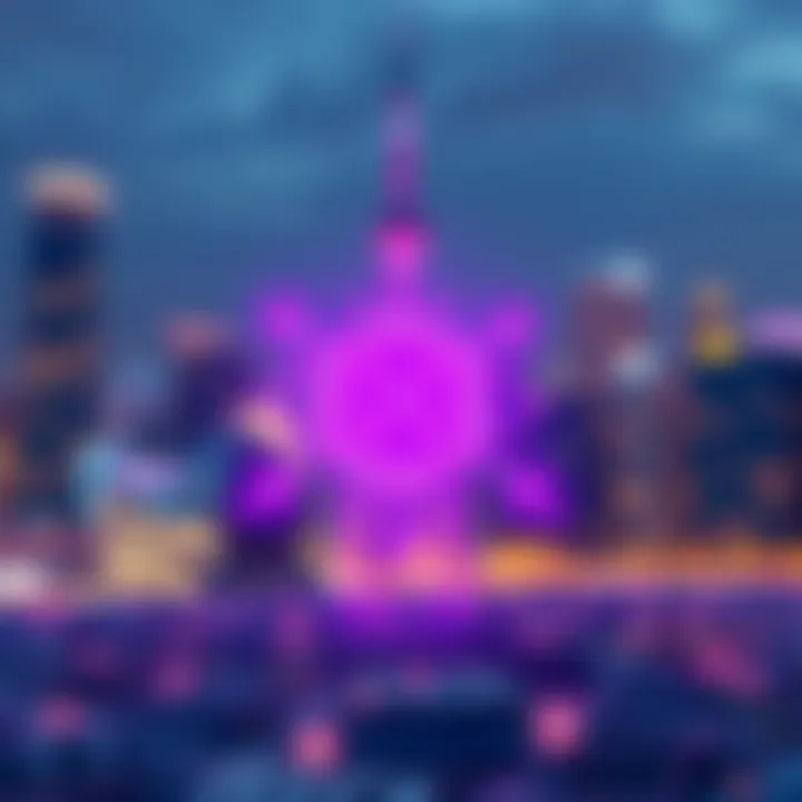 A digital representation of the Hedera blockchain, featuring its logo and symbols of cryptocurrency, with a futuristic city skyline in the background.