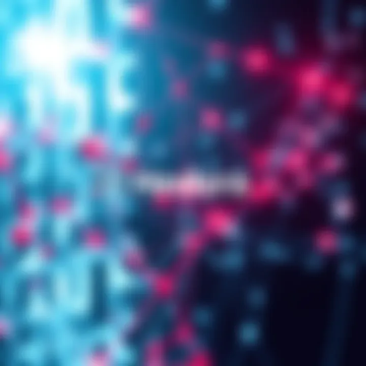 A futuristic representation of Hedera's blockchain technology with nodes connecting in a network, highlighting speed and efficiency.