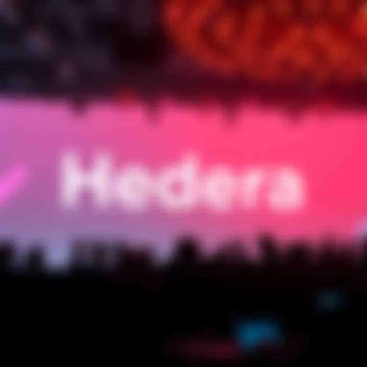 Hedera's logo displayed at a Fortune 500 conference with business leaders discussing DLT solutions.