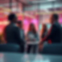 A group of people discussing Hedera's potential in a modern office setting, emphasizing enterprise solutions and long-term investments.