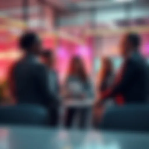 A group of people discussing Hedera's potential in a modern office setting, emphasizing enterprise solutions and long-term investments.