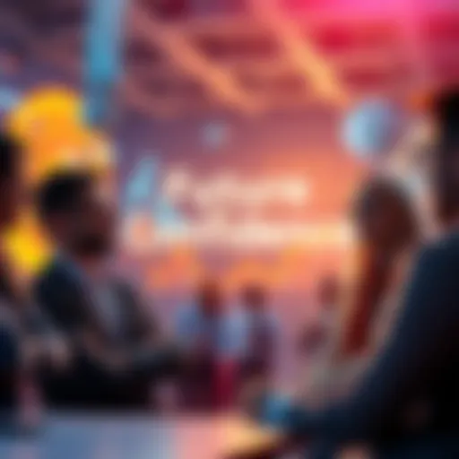 A graphic showing a confident group of people discussing Hedera's growth despite current market challenges, with visuals of partnerships and technology advancements in the background.