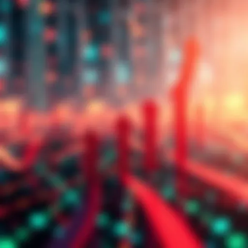 An illustration representing the growth and future developments of Hedera, featuring upward arrows and a digital network background.