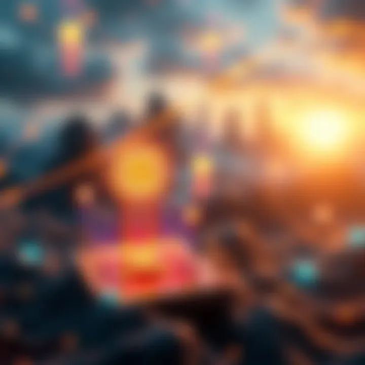 A visual representation of Hedera's ABFT Virtual Voting technology with a futuristic digital landscape and symbols of staking rewards, illustrating its potential for long-term success.