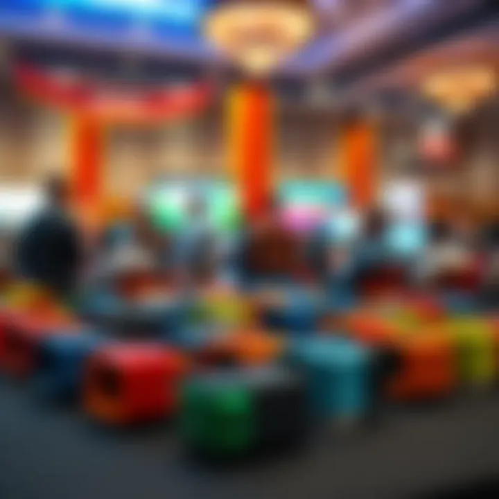 A collection of colorful Hedera Cap units on a table, with a backdrop of a conference setting and decorative event banners