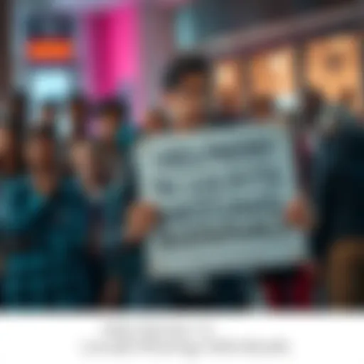 A person holds a sign asking for help to locate missing individuals with a worried expression, surrounded by a community gathering for support.