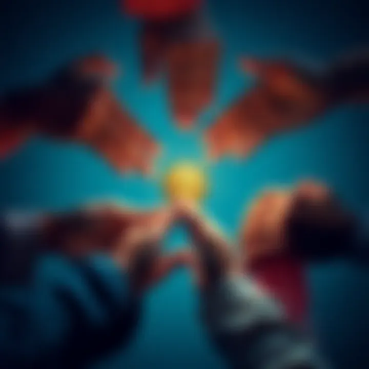 A group of diverse people joining hands, symbolizing support and community, with one person holding a coin to represent the request for help.