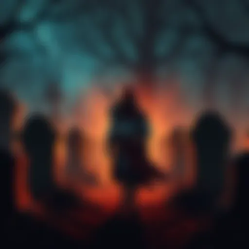A hero cautiously walking through a dark graveyard, surrounded by tombstones and eerie shadows, with faint glows indicating the presence of ghouls