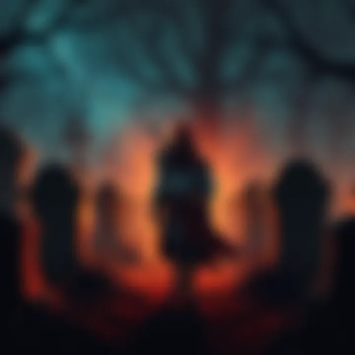 A hero cautiously walking through a dark graveyard, surrounded by tombstones and eerie shadows, with faint glows indicating the presence of ghouls