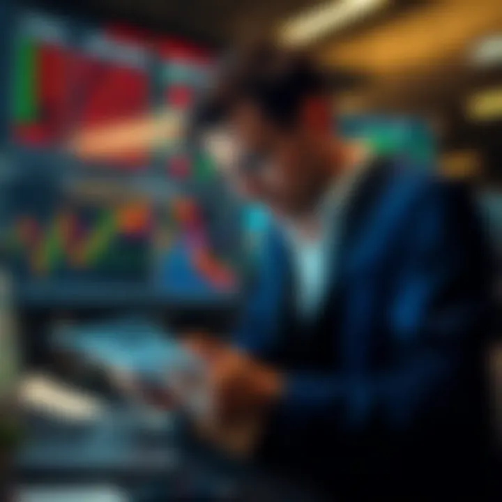 Hidden Trading Fees A stressed trader looks at fluctuating stock charts and fee statements, highlighting the impact of hidden fees on trading profits.