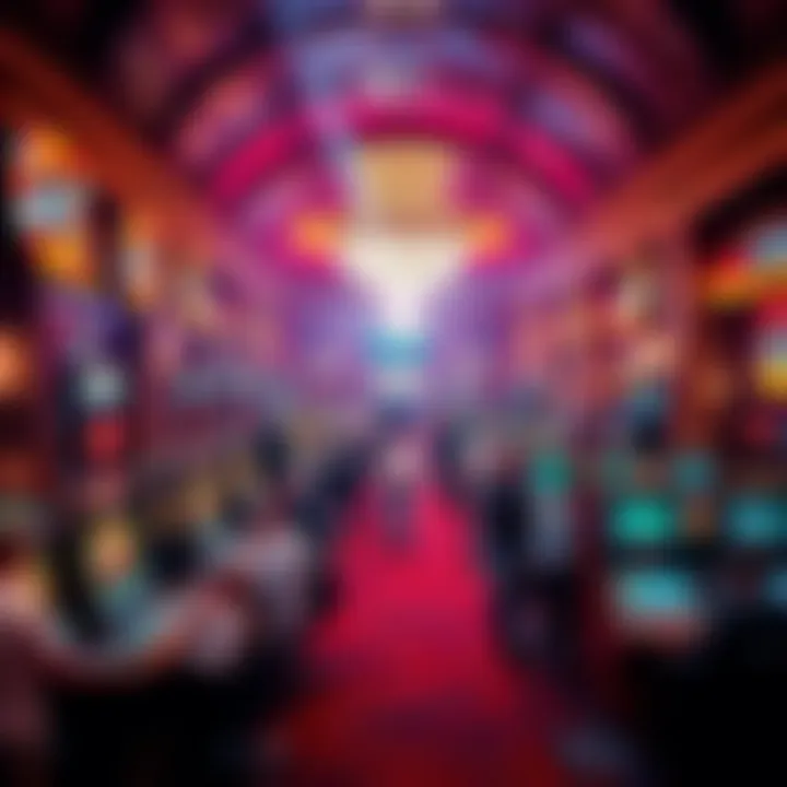 A crowded casino floor with people placing bets at the gaming tables, colorful lights and excitement in the air.