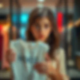 A young woman looks conflicted while holding a $500 Hoco dress, showing signs of regret over her purchase choice.