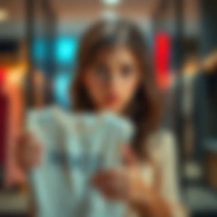 A young woman looks conflicted while holding a $500 Hoco dress, showing signs of regret over her purchase choice.