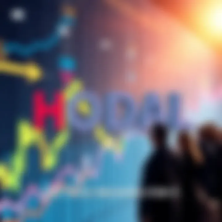 HODL written in bold letters over a rising stock market graph with people looking determined in the background