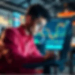 A person closely looking at investment charts on a laptop, showcasing charts and graphs representing market trends, with a thoughtful expression