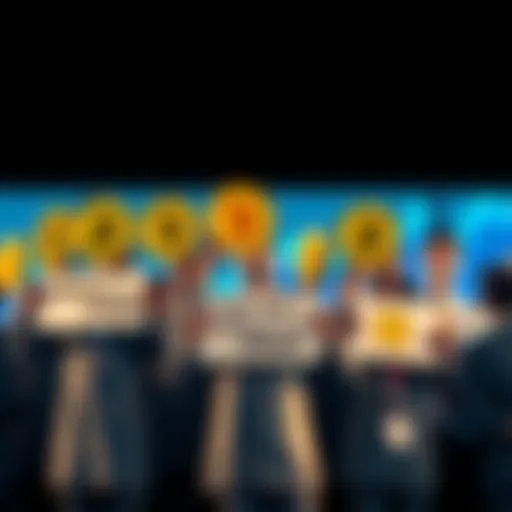 A group of confident investors holding Bitcoin signs, signaling to remain strong during market dips, with a graph showing an upward trend in the background.