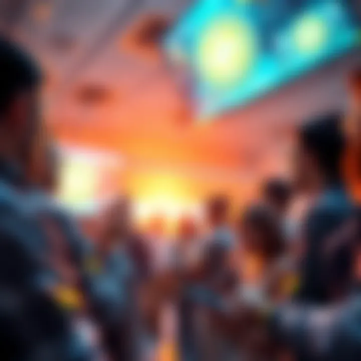 A group of people enthusiastically discussing cryptocurrency, with HOGE token graphics displayed on digital screens in the background.