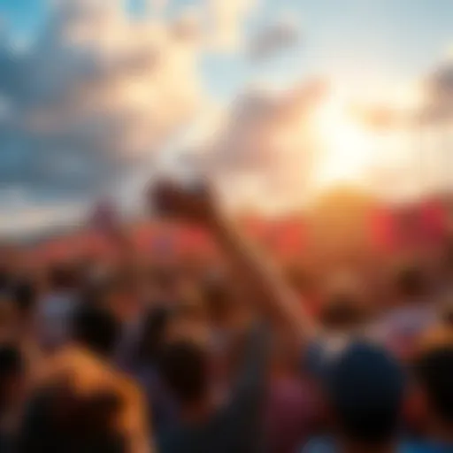 A lively gathering of people celebrating the HOGE movement, with banners and signs promoting community engagement and a brighter future.