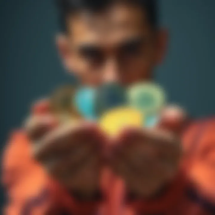 A person holding various cryptocurrency coins with a focused look, symbolizing the HODL strategy and its importance for the future.