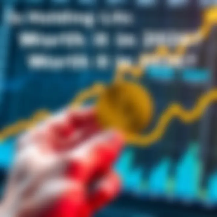 Holding Litecoin Symbol A person holding a gold Litecoin coin with a graphic of upward market trends in the background