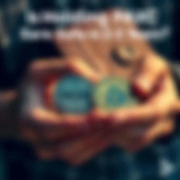 Person holding PAXG and USDC coins in hands with a wallet in the background