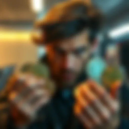 A person confidently holding multiple cryptocurrency coins with a determined expression