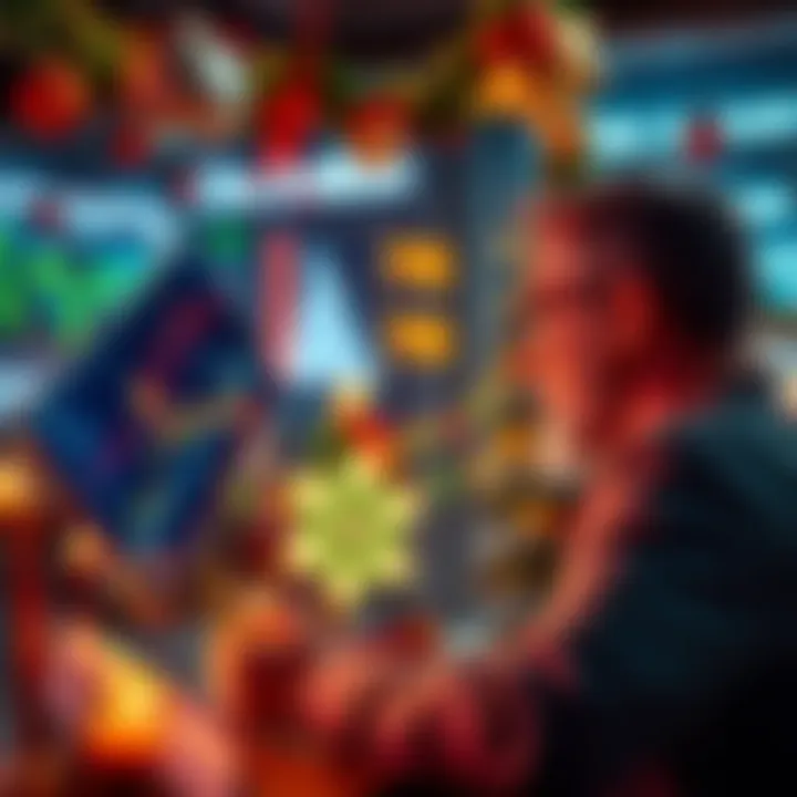 A person looking at investment charts with festive decorations in the background, symbolizing potential wealth by Christmas.