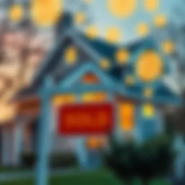 A sold sign in front of a house, with Bitcoin symbols in the background representing cryptocurrency investment
