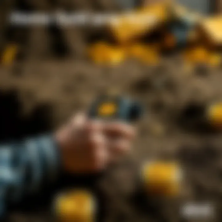 Home Gold Mining Device A person using a handheld device to mine gold at home, surrounded by piles of dirt and small containers of gold nuggets.