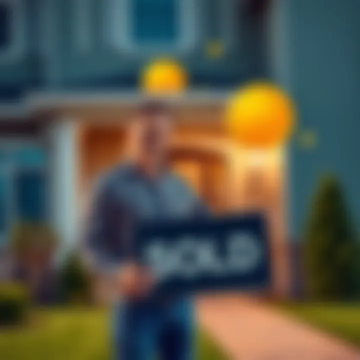A proud homeowner stands outside their new home, smiling and holding a 'Sold' sign, with Bitcoin graphics in the background representing their successful BTC sale.