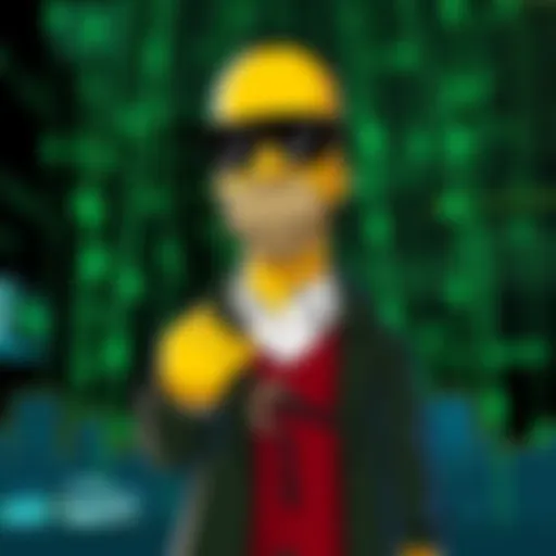 Homer Simpson wears sunglasses and a long coat, posed like Neo from The Matrix, with a digital background featuring the Matrix code and Springfield skyline.