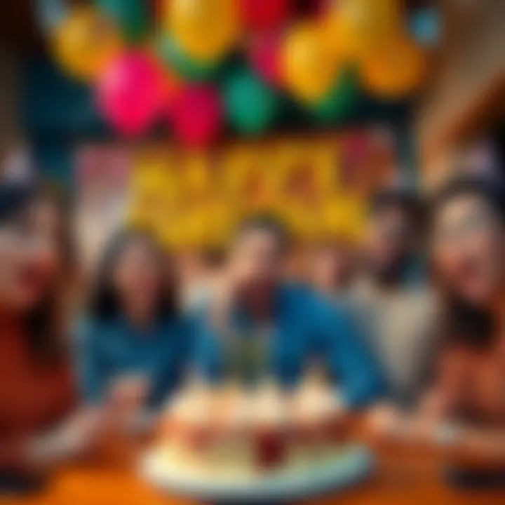 A group of people celebrating Honeygain's 7th birthday with cake and balloons, looking surprised at lower winnings compared to previous years.