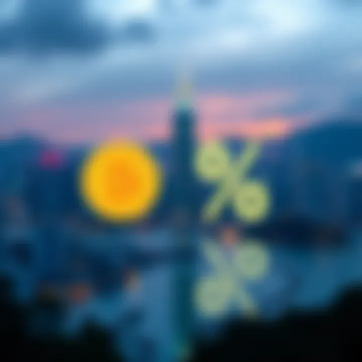 A visual representation of Hong Kong's skyline with Bitcoin symbols and a 0% tax sign, illustrating the new capital gains tax policy on Bitcoin.