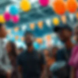 A diverse group of people smiling and looking towards the future during a community event, filled with balloons and banners of positivity.