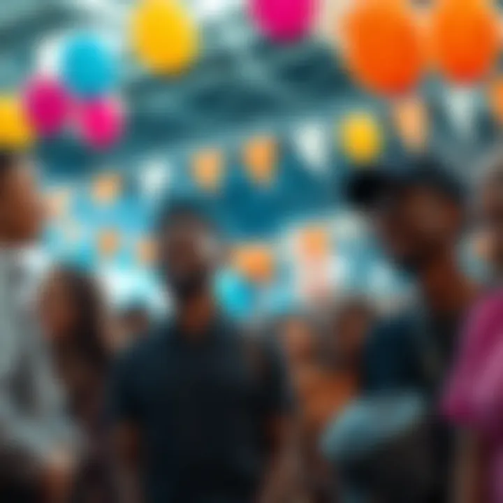 A diverse group of people smiling and looking towards the future during a community event, filled with balloons and banners of positivity.