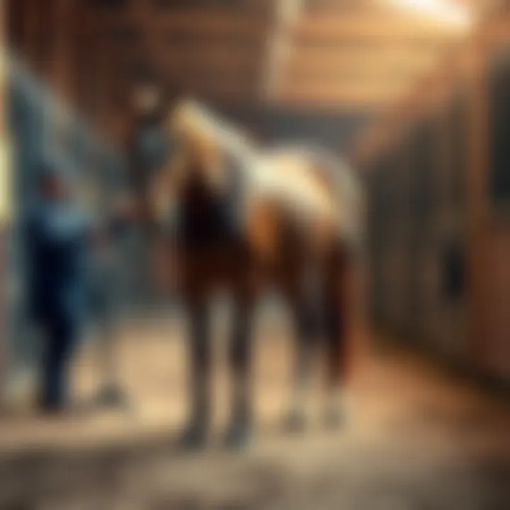 Horse with shivers standing in a barn A horse with hind leg shivers stands calmly in a barn, with a farrier preparing to trim its hooves.