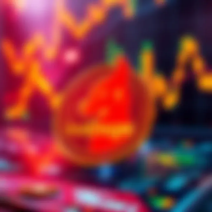 A digital representation of the HotDoge token with a vibrant background showing cryptocurrency symbols and graphs