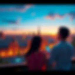 A couple discussing price differences for hotel stays on a mobile app while looking at a city skyline in Madrid