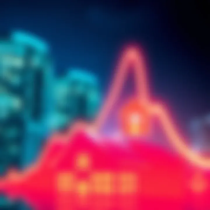 A downward trend showing falling housing prices with a house icon