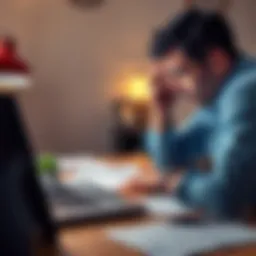 A person looks frustrated while trying to import data into H&R Block software on a laptop, with tax forms scattered around.