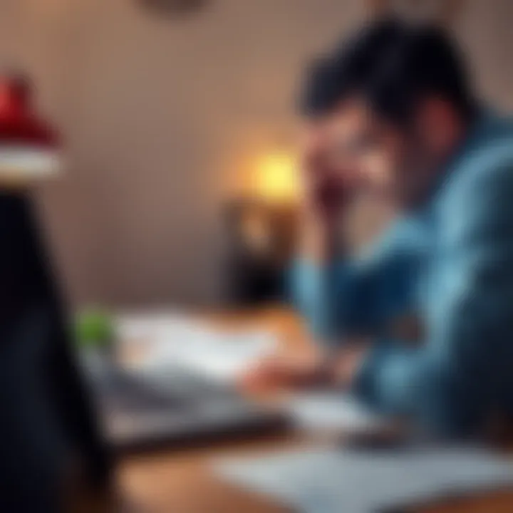 A person looks frustrated while trying to import data into H&R Block software on a laptop, with tax forms scattered around.