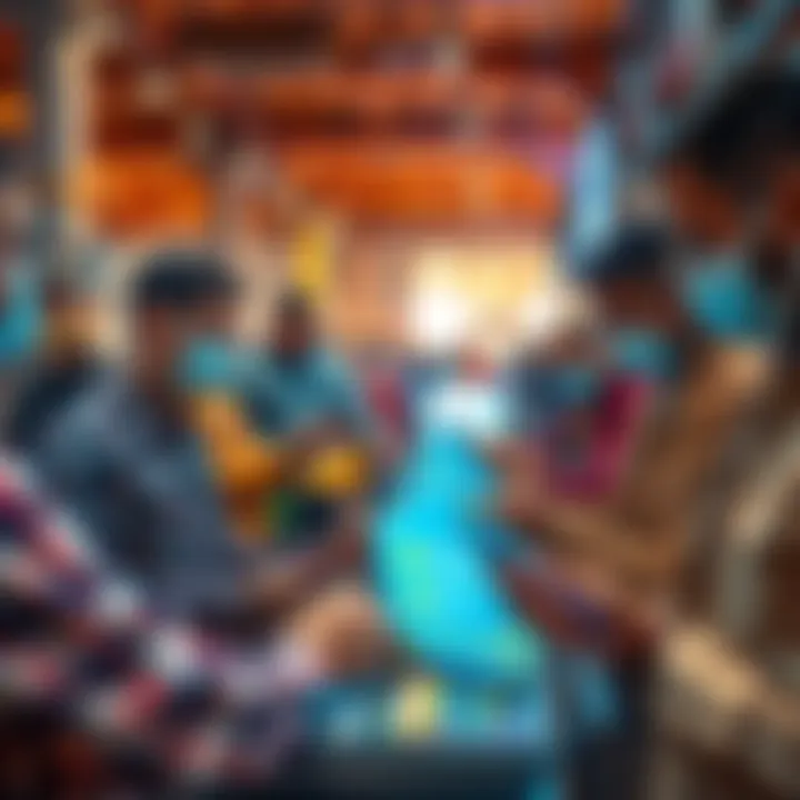 A group of diverse individuals participating in a KYC task validation process on digital devices, showcasing human labor as a valuable asset in technology.