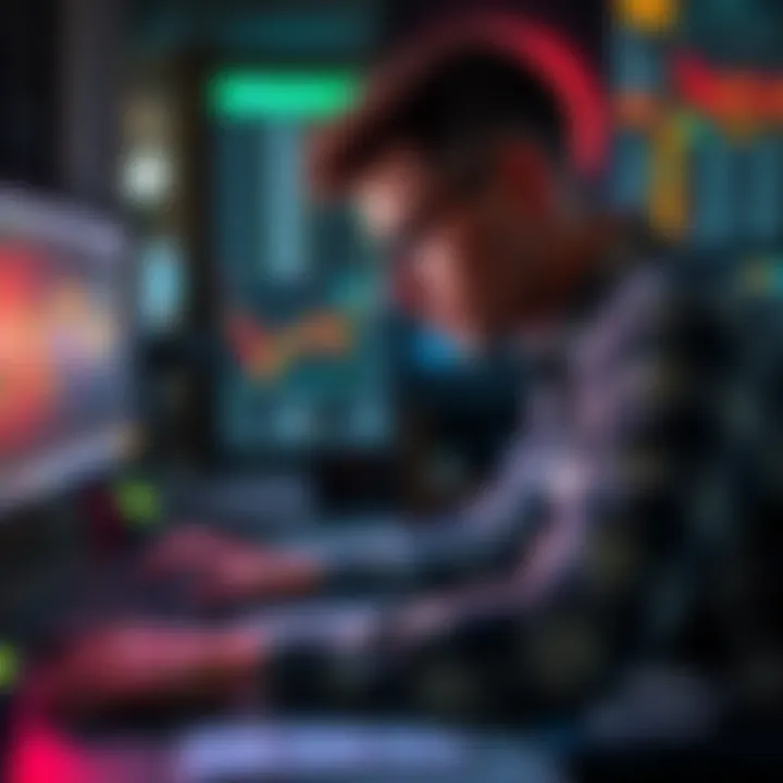 A man sits at a computer, looking stressed while monitoring cryptocurrency prices on the screen, with a worried expression on his face after making a risky bet.
