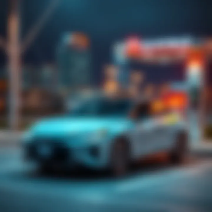A hybrid car parked at a charging station with a city background